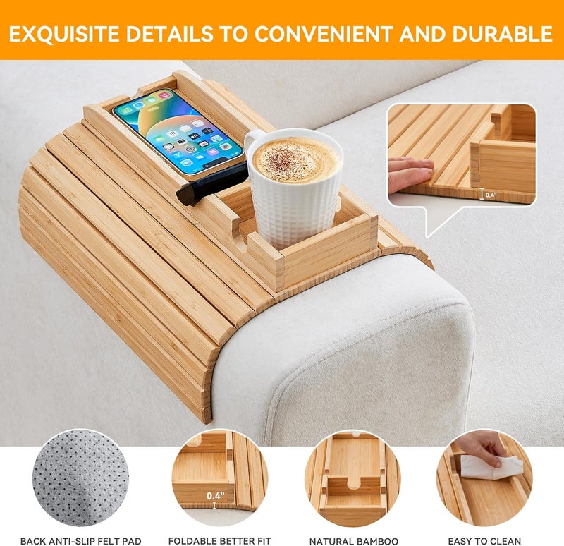 GEHE Bamboo Couch Cup Holder, Anti-Spill Sofa Arm Tray, Natural and Easy to Clean Couch Arm Cup Holder Armrest Tray Perfect for Cups, Beers, Snacks, Remote Control, Drinks - Image 4